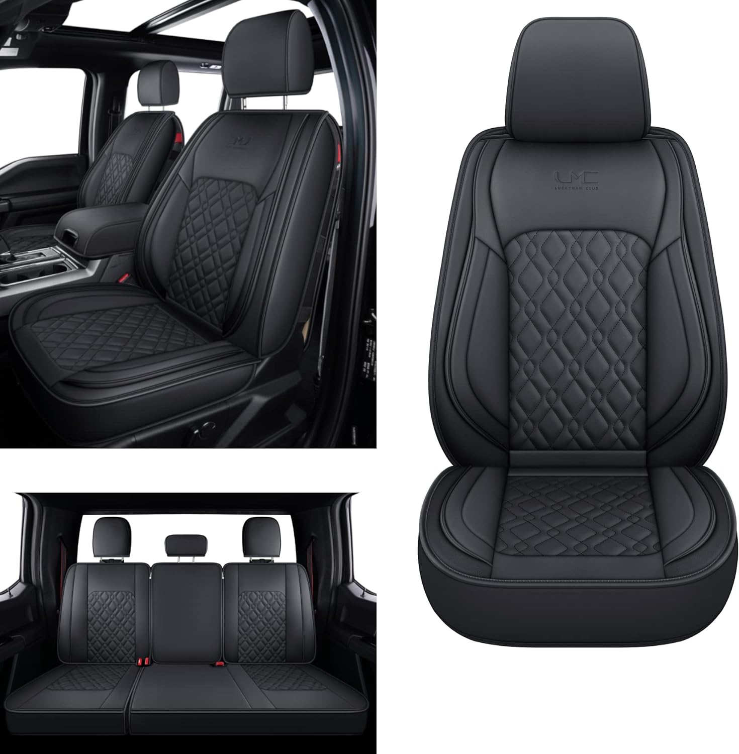 LUCKYMANCLUB F150 Full-Set Seat Covers J03-Q3 with Waterproof Faux Leather, Fit 2015-2025 Ford F150 and 2017-2025 F250 F350 F450