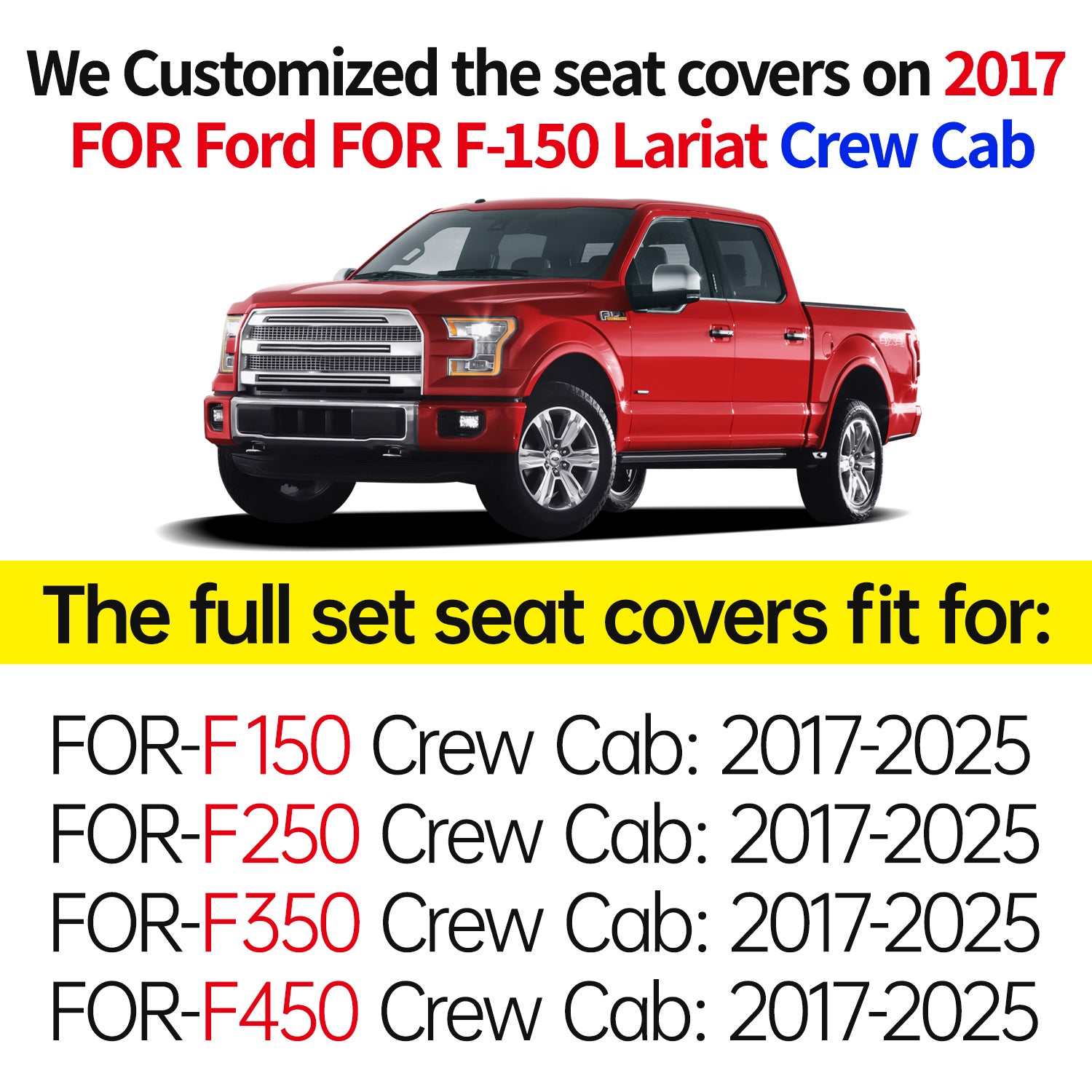 LUCKYMANCLUB Fit for 2015-2025 F150 Seat Cover for F250 for F350 F450 SXL XLT Crew Cab 2015-2025 for F150 XL XLT STX Super Crew Cab - Fully Covered, NOT for 40/20/40 Bench Front Seat