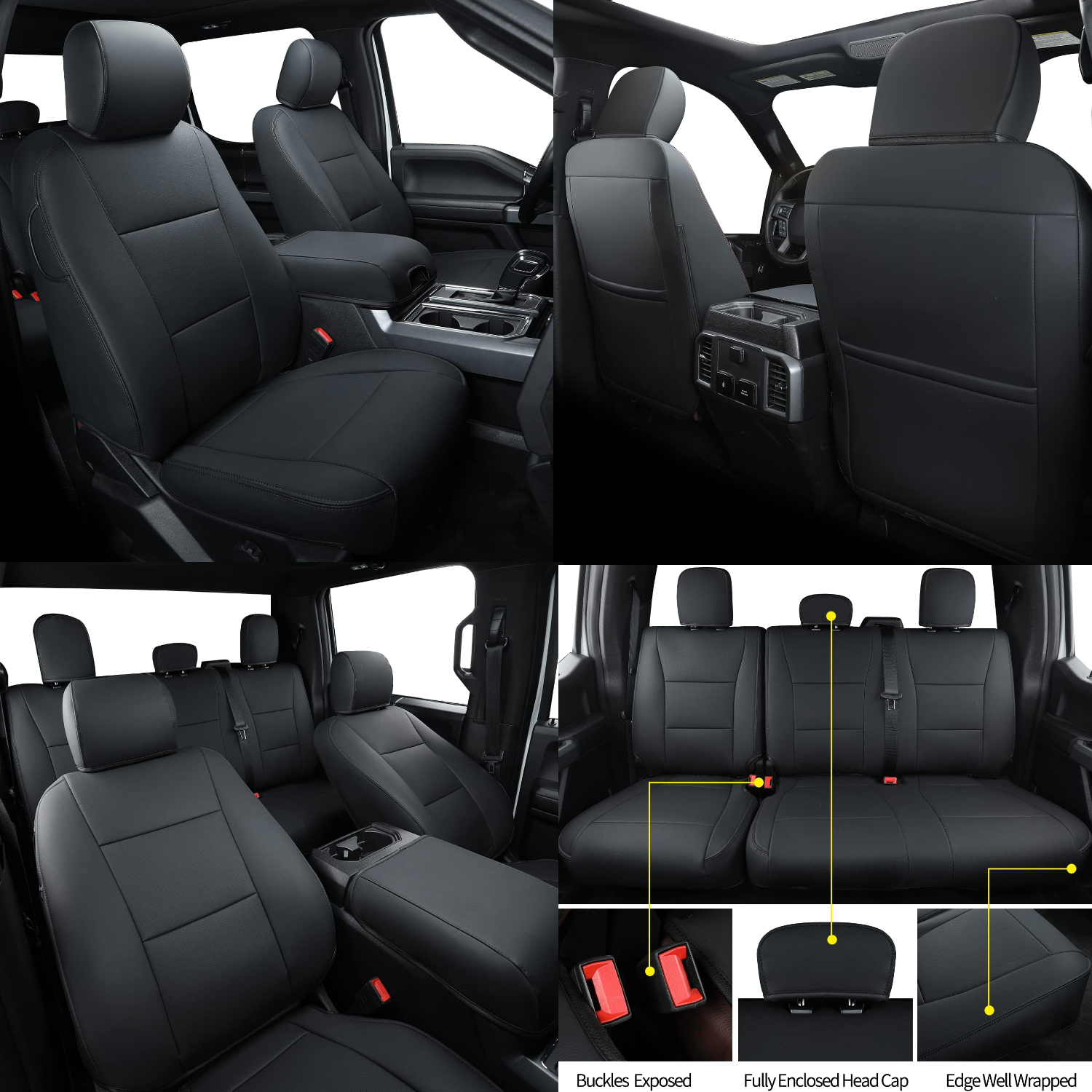 LUCKYMANCLUB F150 Faux-ledaj Sidlokoj, Propre konvenaj 2015-2024 Ford F150 SuperCrew, kaj 2017-2024 F250 F350 F450 Super Duty Crew Cab