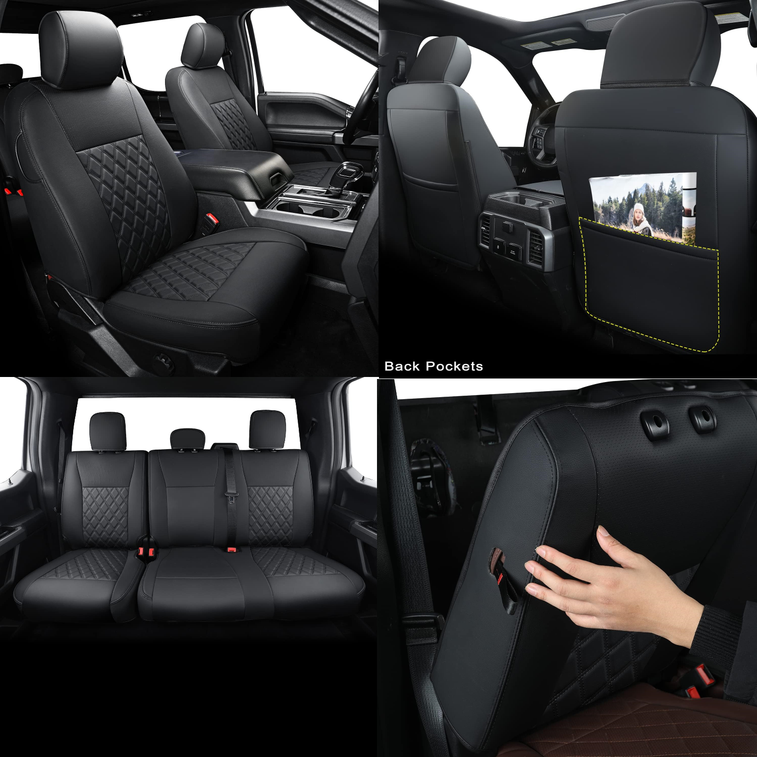 LUCKYMAN CLUB F150 SuperCrew 2009-2025 Custom Pickup Car Truck Seat Covers XLT, Waterproof Faux Leather, Full Coverage, Also Fit 2010-2025 F250/F350/F450