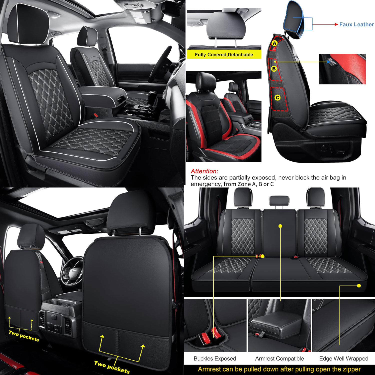 LUCKYMAN CLUB F150 Fauxledaj Sidlokoj Konvenaj por 2015-2024 F150 SuperCrew kaj 2017-2024 F250 F350 F450 Super Duty Crew Cab Pickup Trucks