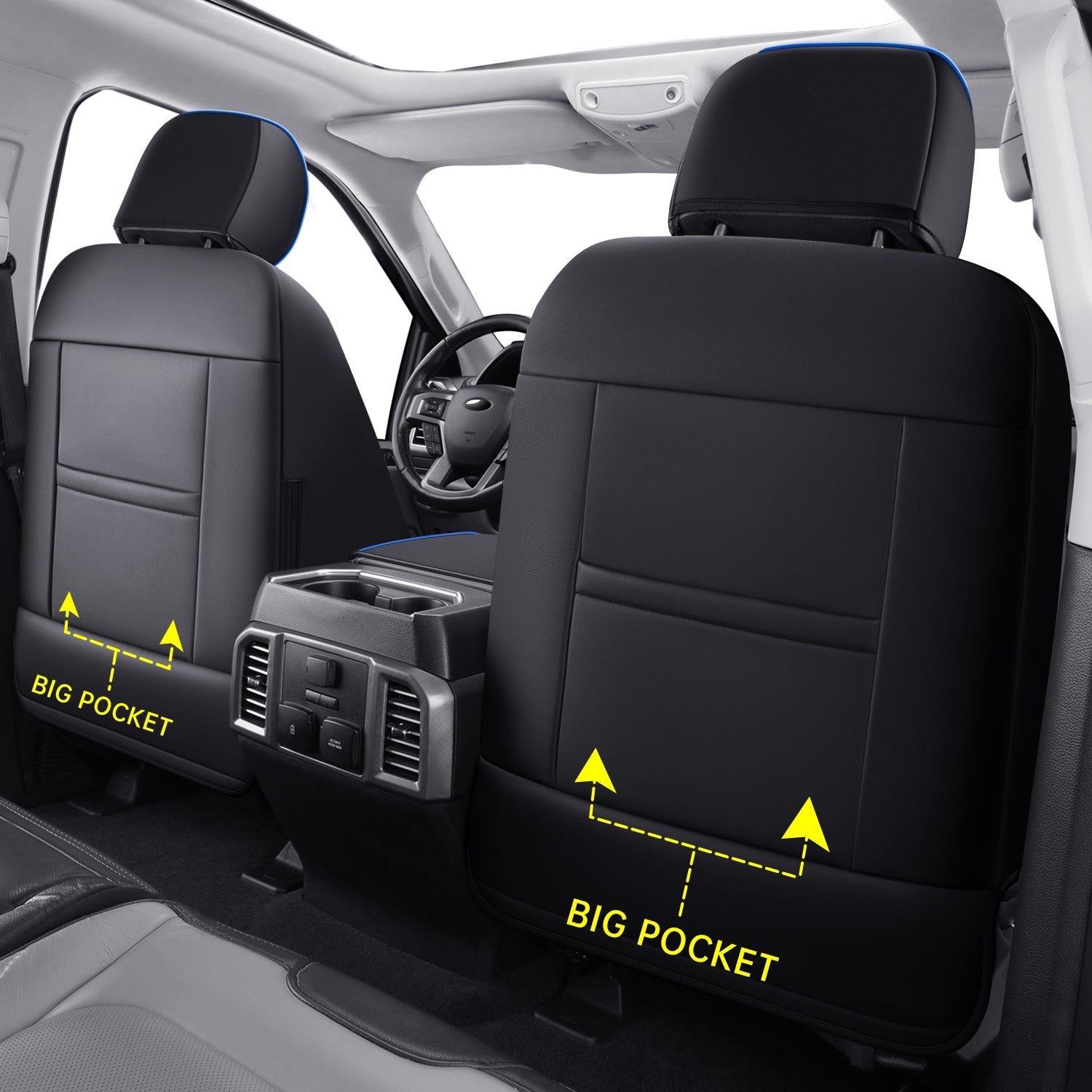 LUCKYMAN CLUB Ford F150 Faux Leather Seat Covers for 2015-2025 F150 SuperDriver and 2017-2025 F250 F350 F450 SuperDriver Cab Leather Trucks, All Season Universal Full Surround Specialty Seat Covers