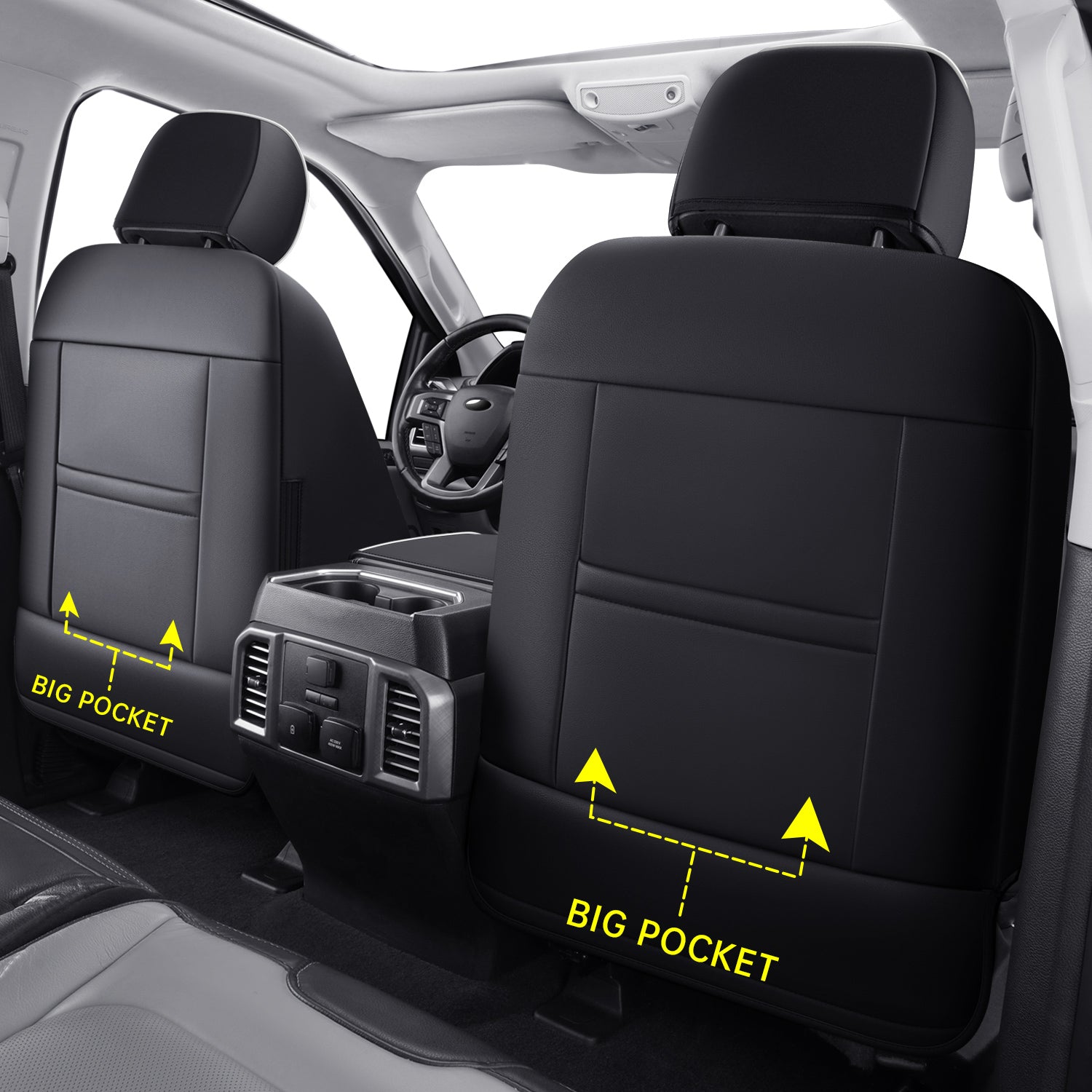 LUCKYMAN CLUB Ford F150 Faux Leather Seat Covers for 2015-2025 F150 SuperDriver and 2017-2025 F250 F350 F450 SuperDriver Cab Leather Trucks, All Season Universal Full Surround Specialty Seat Covers