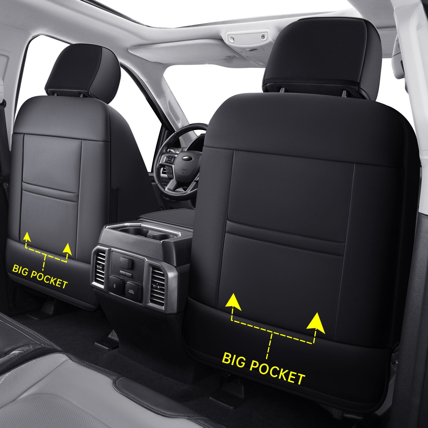 LUCKYMAN CLUB Ford F150 Faux Leather Seat Covers for 2015-2025 F150 SuperDriver and 2017-2025 F250 F350 F450 SuperDriver Cab Leather Trucks, All Season Universal Full Surround Specialty Seat Covers