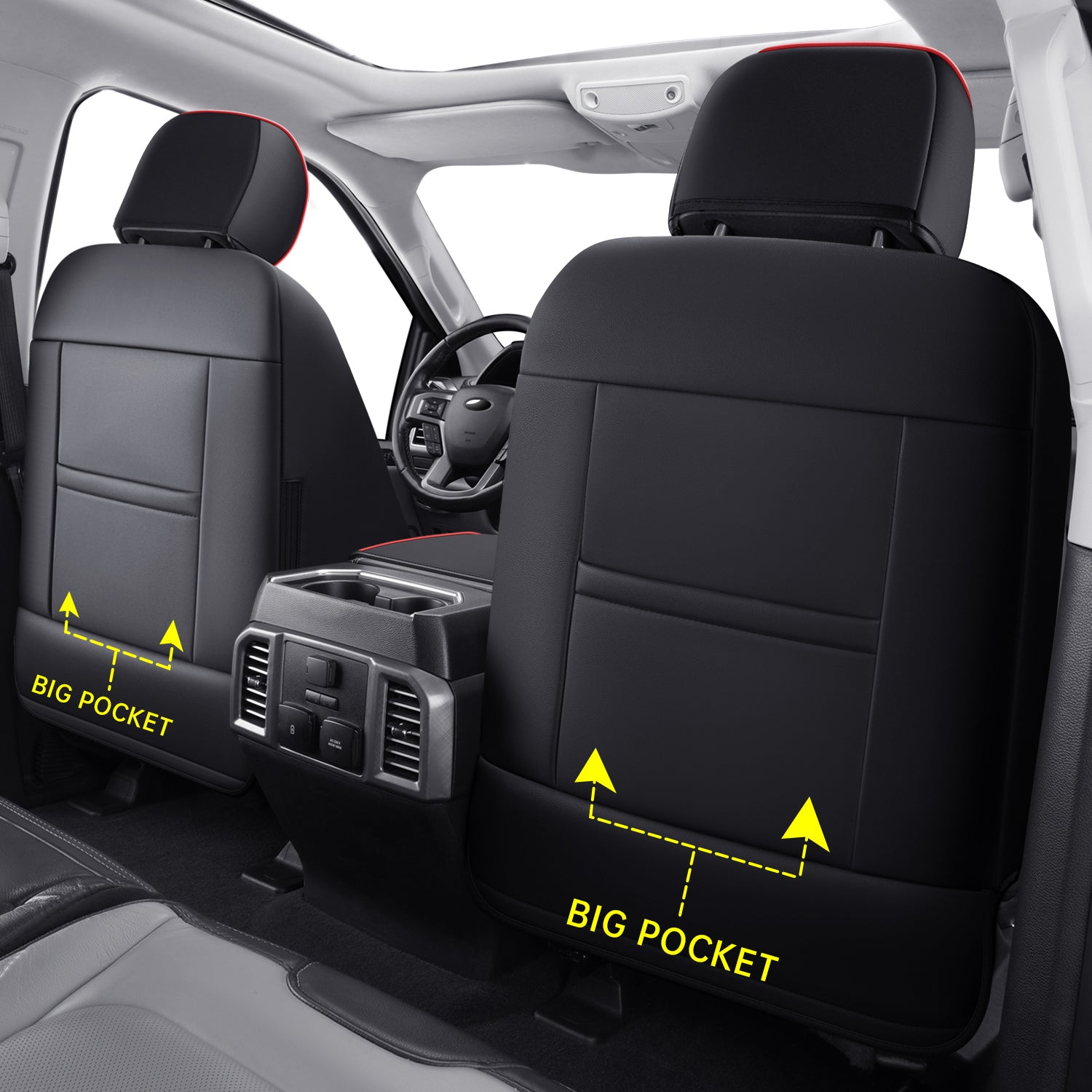 LUCKYMAN CLUB Ford F150 Faux Leather Seat Covers for 2015-2025 F150 SuperDriver and 2017-2025 F250 F350 F450 SuperDriver Cab Leather Trucks, All Season Universal Full Surround Specialty Seat Covers