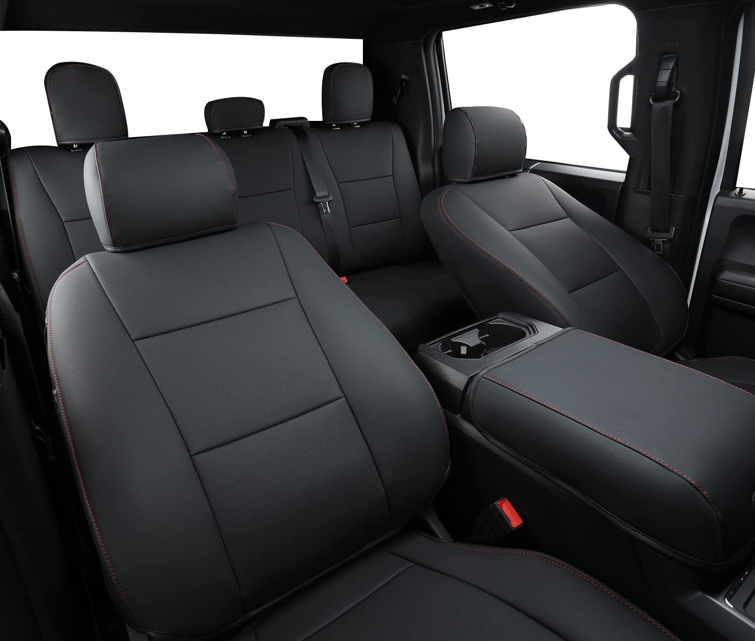 LUCKYMANCLUB F150 Faux-ledaj Sidlokoj, Propre konvenaj 2015-2024 Ford F150 SuperCrew, kaj 2017-2024 F250 F350 F450 Super Duty Crew Cab