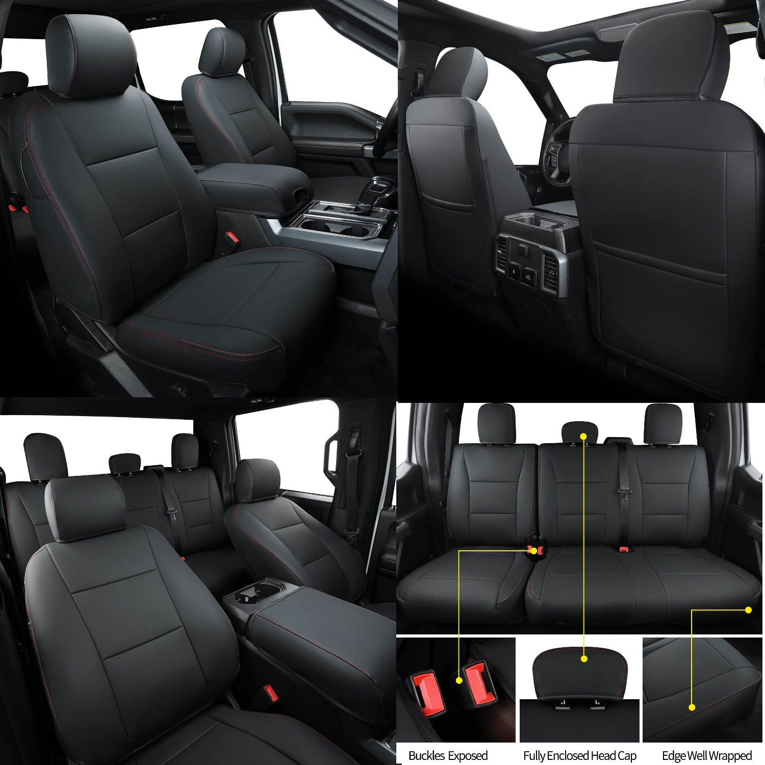 LUCKYMANCLUB F150 Faux-ledaj Sidlokoj, Propre konvenaj 2015-2024 Ford F150 SuperCrew, kaj 2017-2024 F250 F350 F450 Super Duty Crew Cab