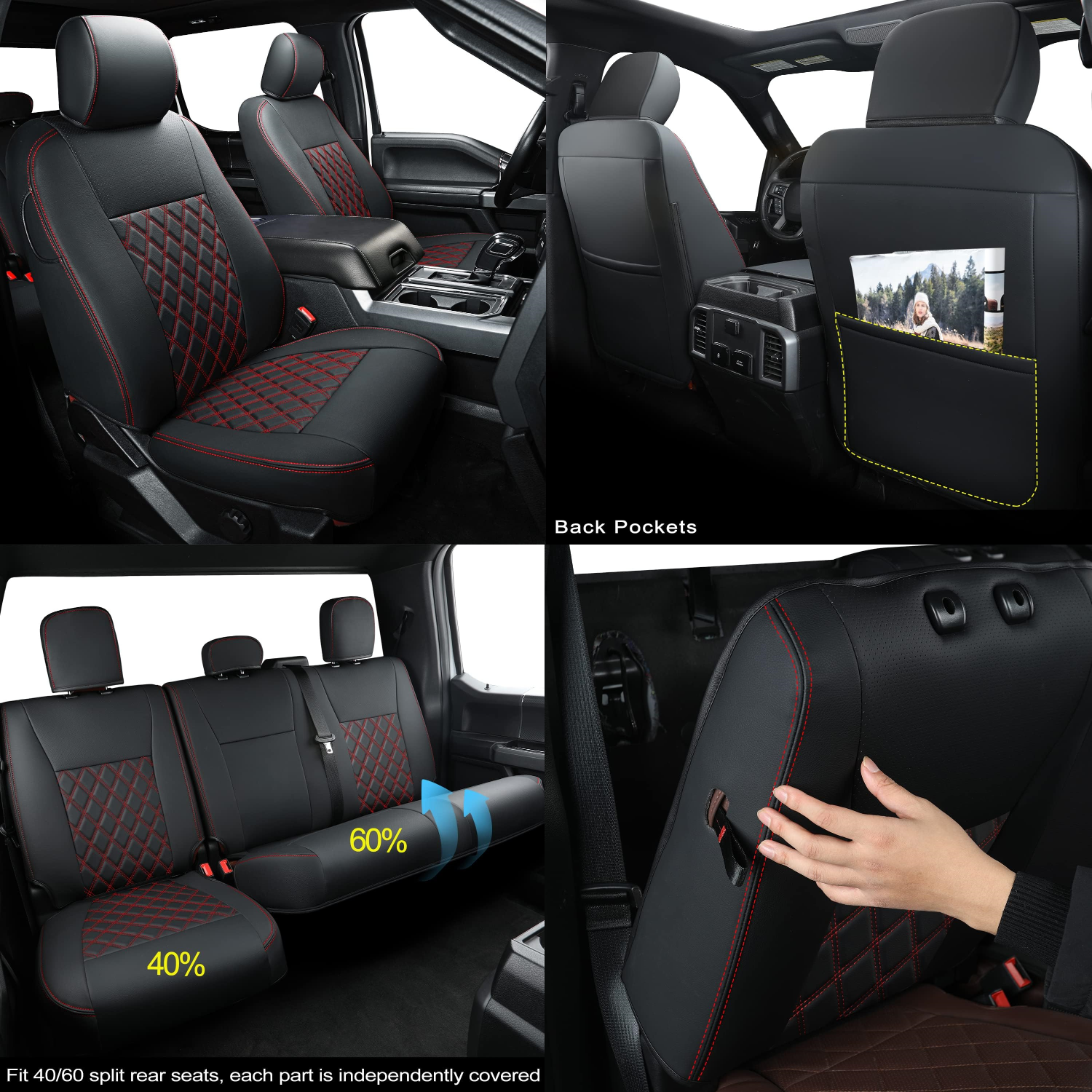 LUCKYMAN CLUB F150 SuperCrew 2009-2025 Custom Pickup Car Truck Seat Covers XLT, Waterproof Faux Leather, Full Coverage, Also Fit 2010-2025 F250/F350/F450