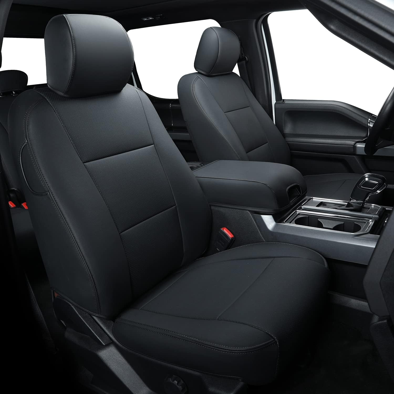 LUCKYMANCLUB F150 Faux-ledaj Sidlokoj, Propre konvenaj 2015-2024 Ford F150 SuperCrew, kaj 2017-2024 F250 F350 F450 Super Duty Crew Cab