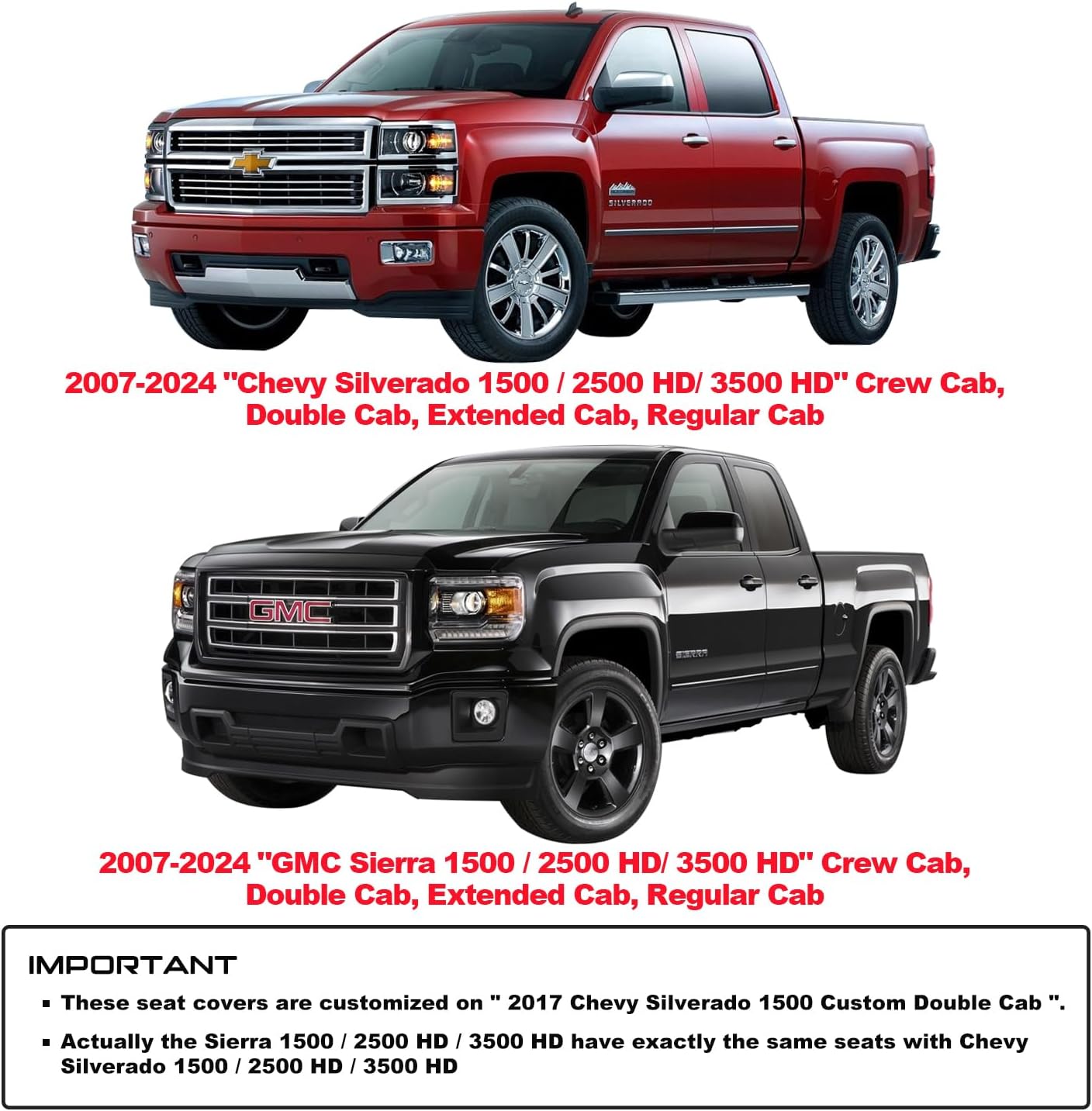 LUCKYMAN CLUB 2007-2025 GMC Sierra Chevy Chevrolet Silverado 1500 2500HD 3500HD Trail Boss Z71 Crew Double Extended Cab Waterproof Leather Truck Pickup Cuchion