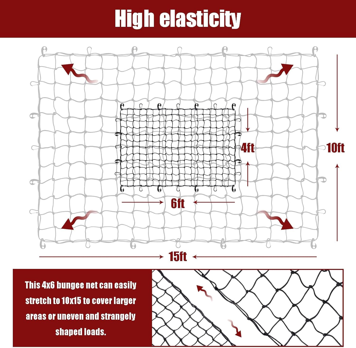 LUCKYMAN CLUB Heavy Duty Cargo Net for Pickup Truck Bed - 4' x 6' Stretches to 10' x 15' - Small 4"x4" Latex Bungee Net Mesh with 24 Clips - Compatible with Ford, Chevy, Dodge Ram, Toyota