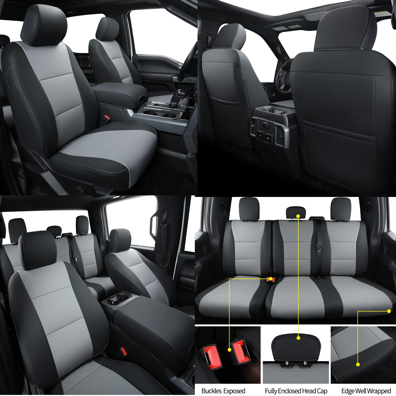 LUCKYMANCLUB F150 Faux-ledaj Sidlokoj, Propre konvenaj 2015-2024 Ford F150 SuperCrew, kaj 2017-2024 F250 F350 F450 Super Duty Crew Cab