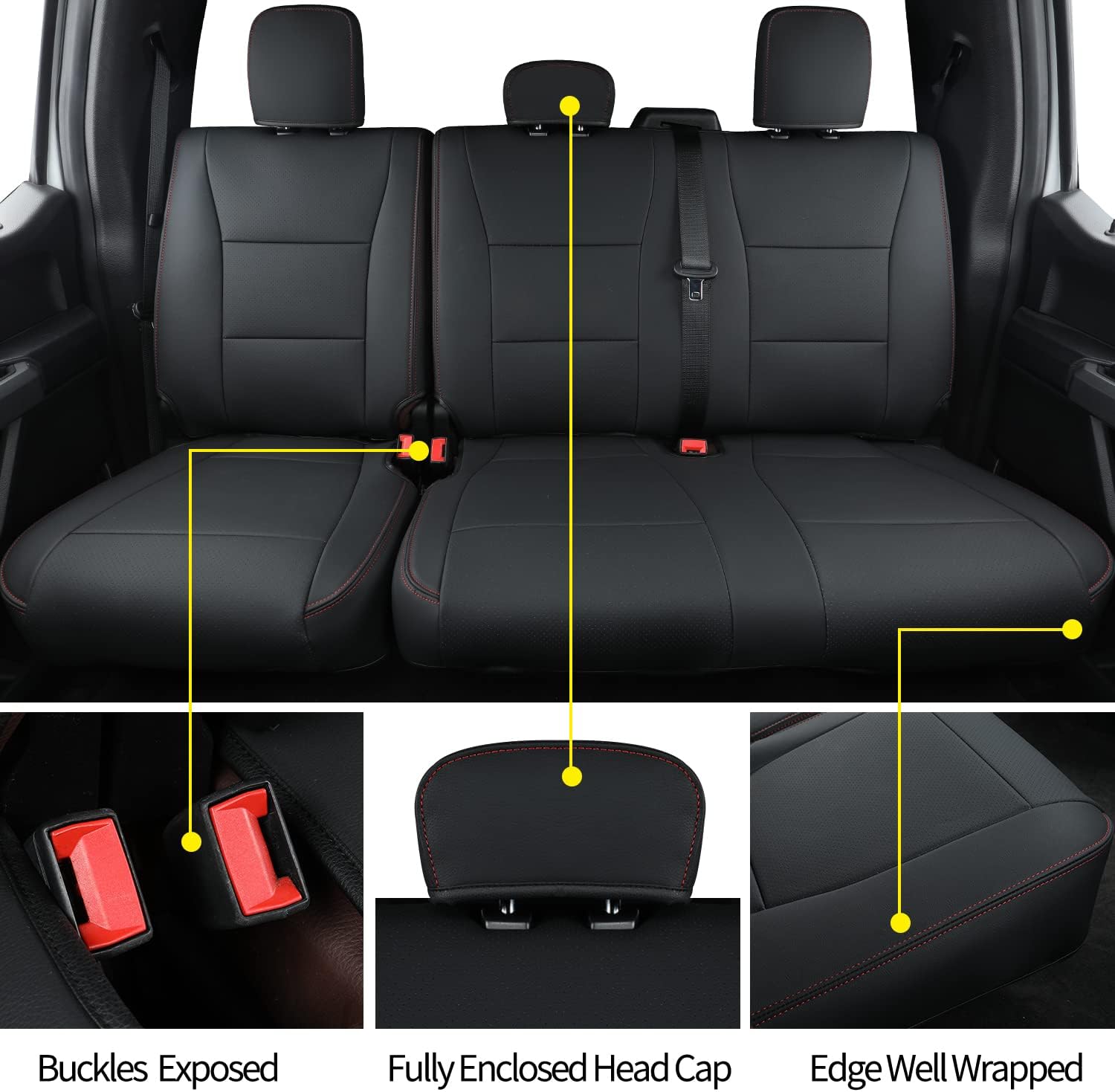 LUCKYMANCLUB F150 Faux-ledaj Sidlokoj, Propre konvenaj 2015-2024 Ford F150 SuperCrew, kaj 2017-2024 F250 F350 F450 Super Duty Crew Cab