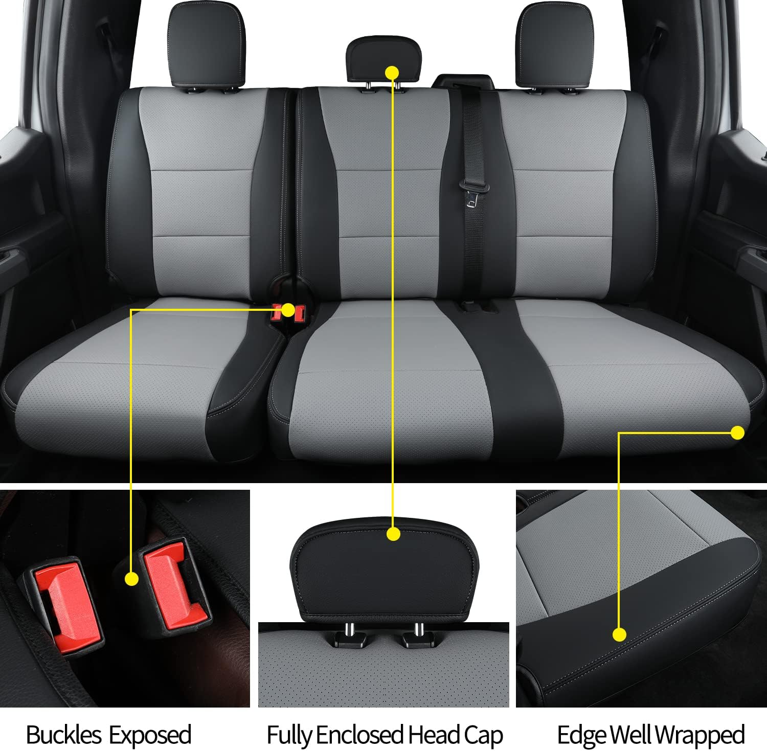 LUCKYMANCLUB F150 Faux-ledaj Sidlokoj, Propre konvenaj 2015-2024 Ford F150 SuperCrew, kaj 2017-2024 F250 F350 F450 Super Duty Crew Cab