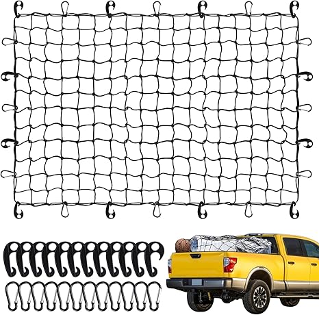 LUCKYMAN CLUB Heavy Duty Cargo Net for Pickup Truck Bed - 4' x 6' Stretches to 10' x 15' - Small 4"x4" Latex Bungee Net Mesh with 24 Clips - Compatible with Ford, Chevy, Dodge Ram, Toyota