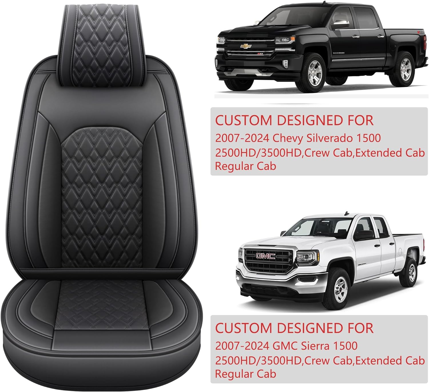LUCKYMAN CLUB Chevy Silverado Seat Covers,Leather Seat Covers for GMC Sierra,Custom Fit 2007-2025 1500 2500HD 3500HD Crew Double Extended Regular Cab,LT LZT RST