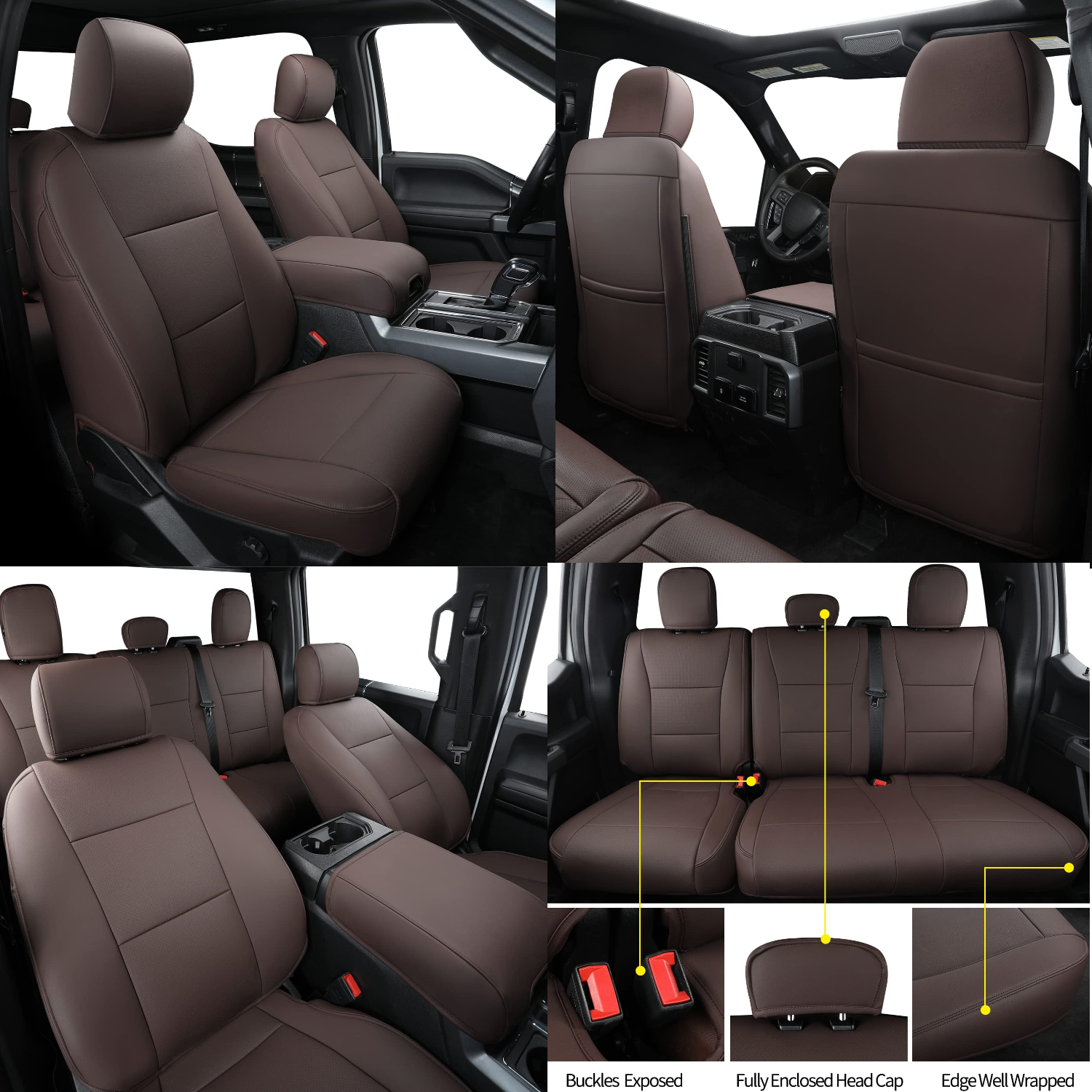 LUCKYMANCLUB F150 Faux-ledaj Sidlokoj, Propre konvenaj 2015-2024 Ford F150 SuperCrew, kaj 2017-2024 F250 F350 F450 Super Duty Crew Cab