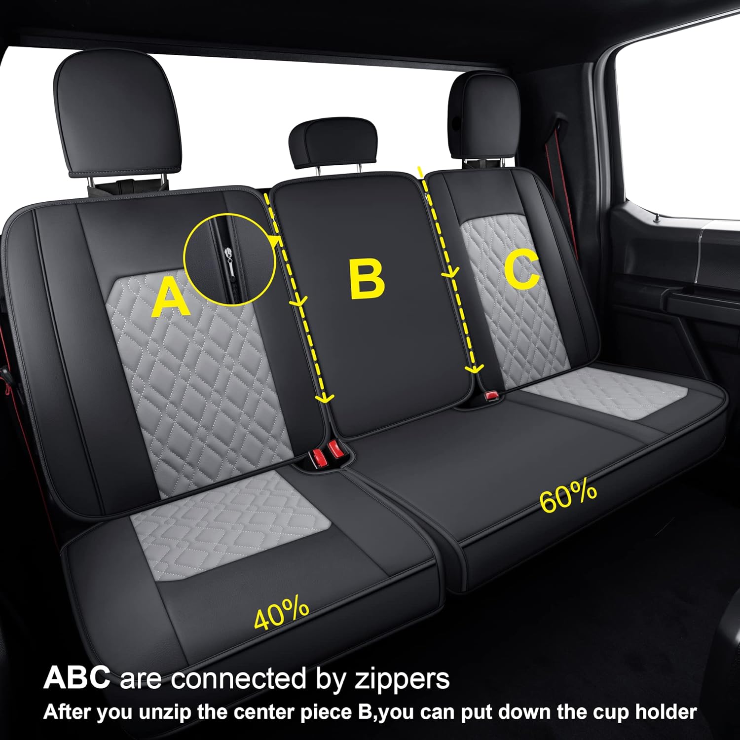 LUCKYMANCLUB F150 Full-Set Seat Covers J03-Q3 with Waterproof Faux Leather, Fit 2015-2025 Ford F150 and 2017-2025 F250 F350 F450