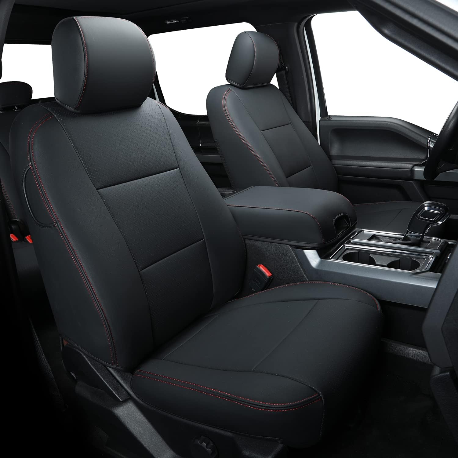 LUCKYMANCLUB F150 Faux-ledaj Sidlokoj, Propre konvenaj 2015-2024 Ford F150 SuperCrew, kaj 2017-2024 F250 F350 F450 Super Duty Crew Cab