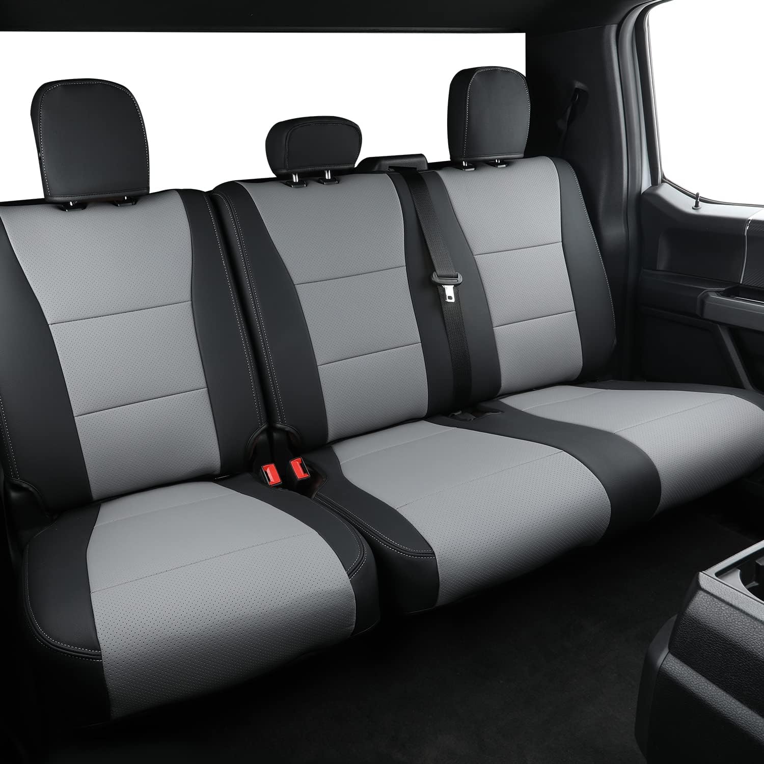 LUCKYMANCLUB F150 Faux-ledaj Sidlokoj, Propre konvenaj 2015-2024 Ford F150 SuperCrew, kaj 2017-2024 F250 F350 F450 Super Duty Crew Cab