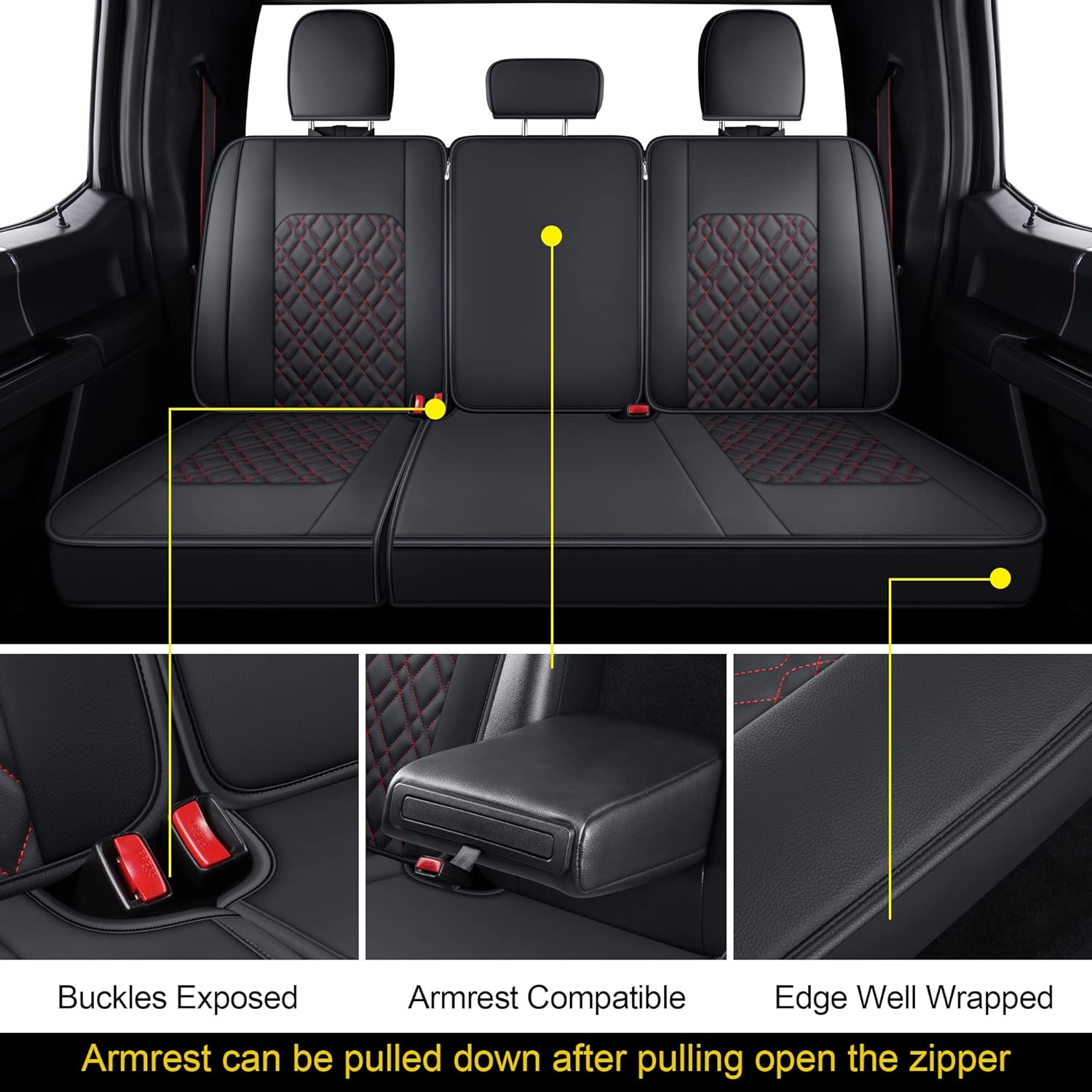 LUCKYMANCLUB F150 Full-Set Seat Covers J03-Q3 with Waterproof Faux Leather, Fit 2015-2025 Ford F150 and 2017-2025 F250 F350 F450