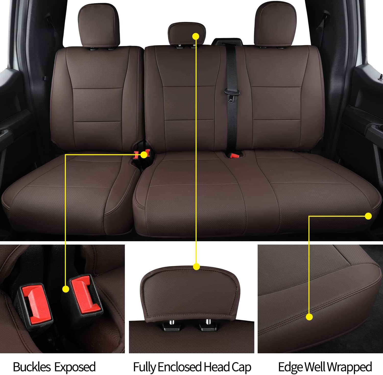 LUCKYMANCLUB F150 Faux-ledaj Sidlokoj, Propre konvenaj 2015-2024 Ford F150 SuperCrew, kaj 2017-2024 F250 F350 F450 Super Duty Crew Cab