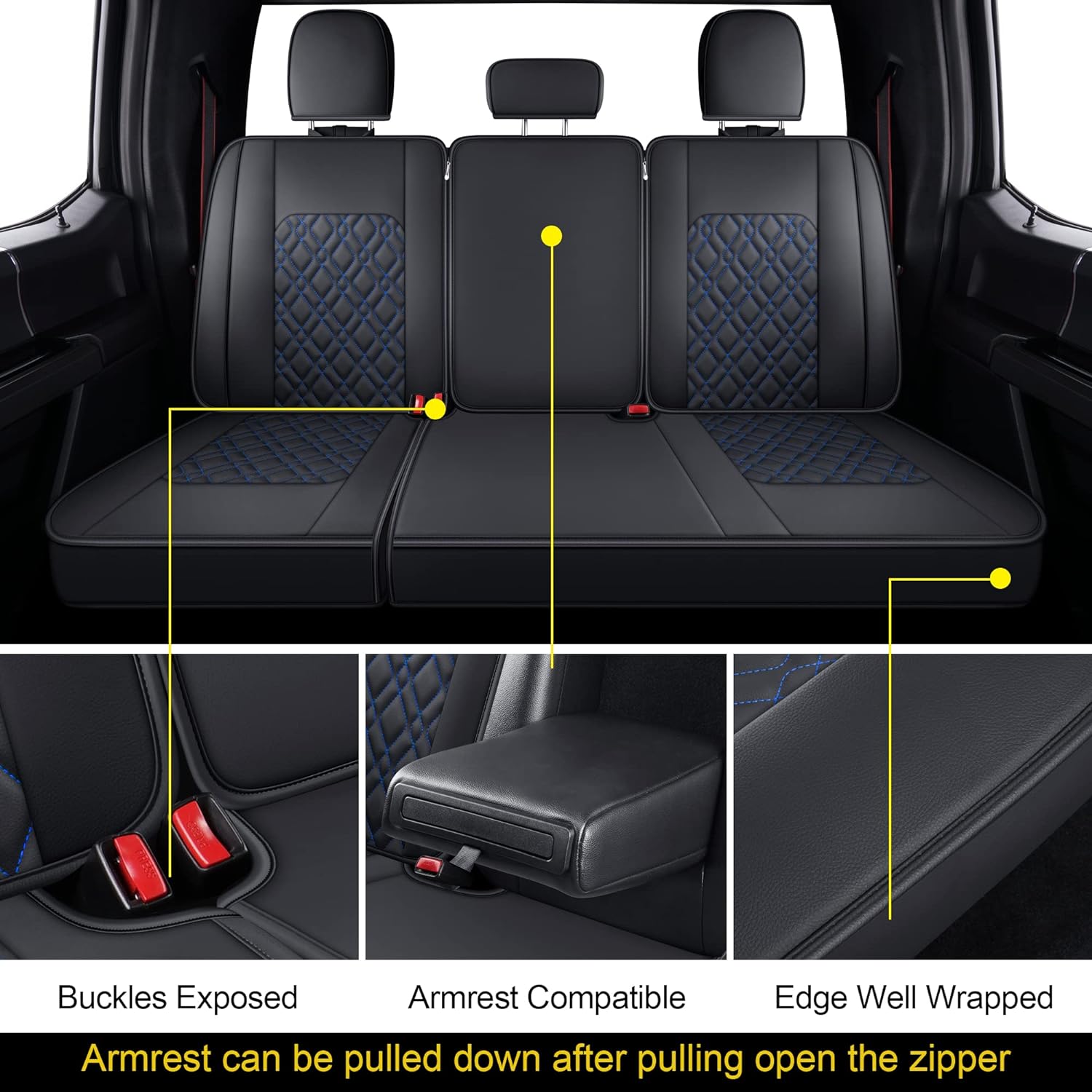 LUCKYMANCLUB F150 Full-Set Seat Covers J03-Q3 with Waterproof Faux Leather, Fit 2015-2025 Ford F150 and 2017-2025 F250 F350 F450