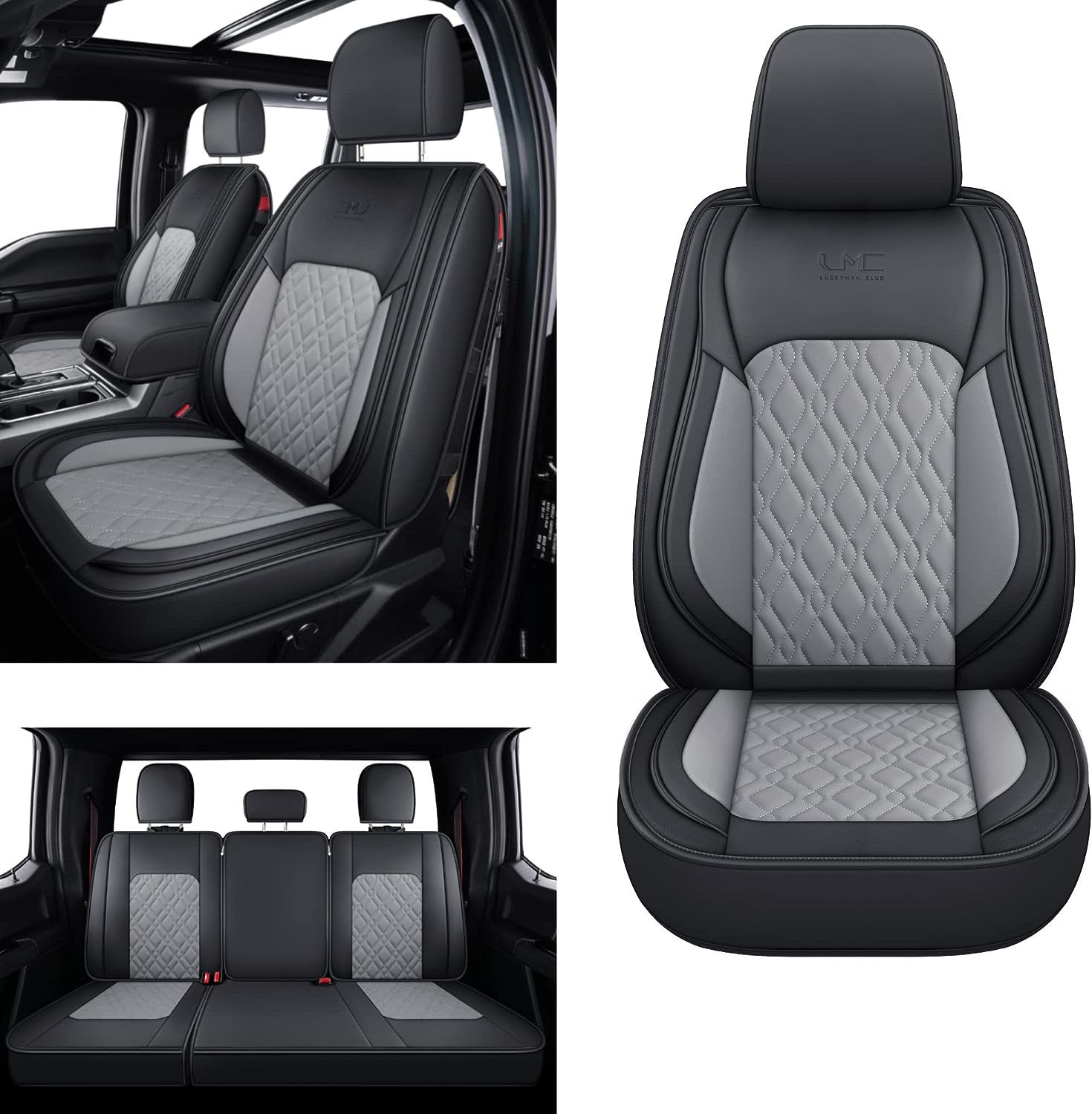LUCKYMANCLUB F150 Full-Set Seat Covers J03-Q3 with Waterproof Faux Leather, Fit 2015-2025 Ford F150 and 2017-2025 F250 F350 F450