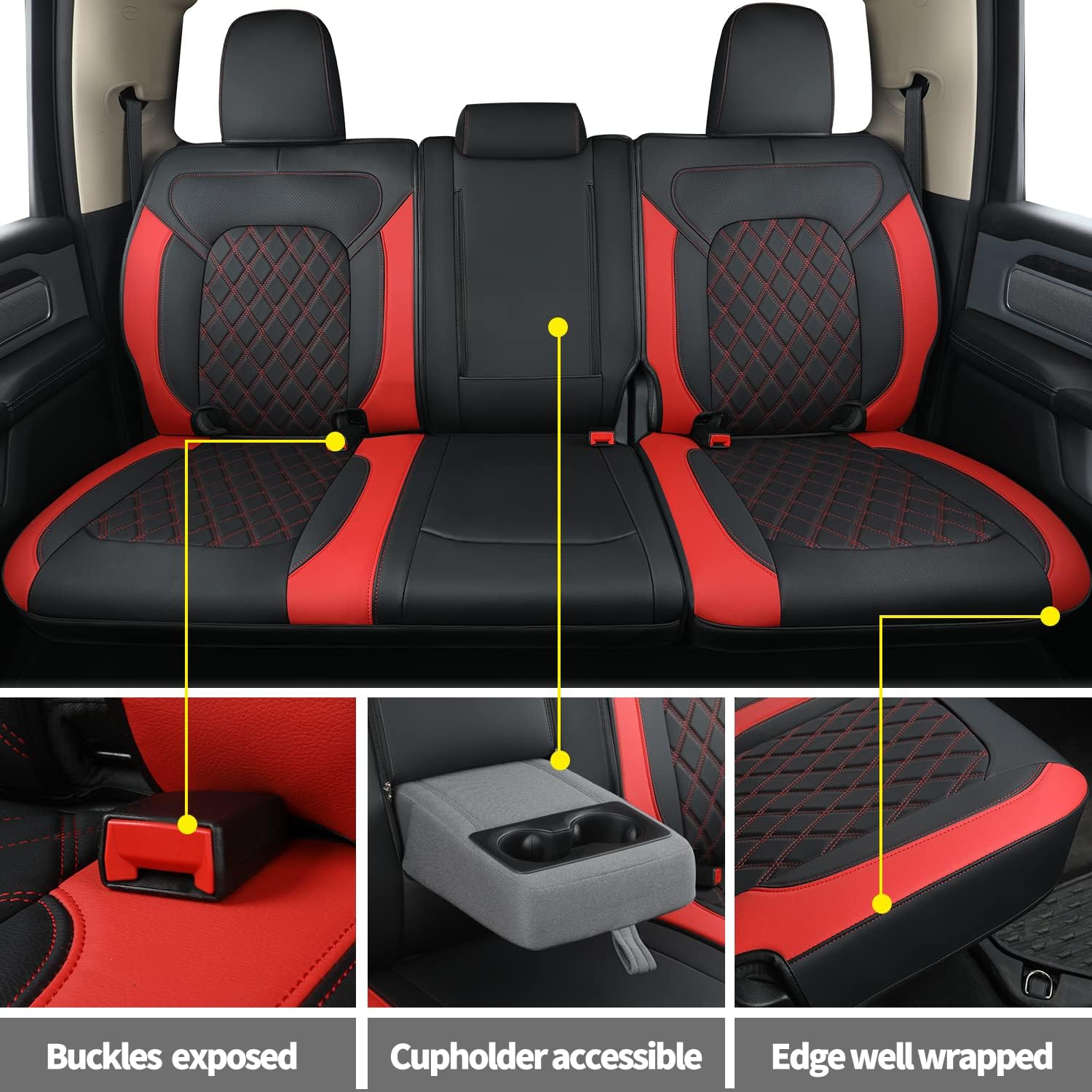 LUCKYMANCLUB Ram 1500Seat Covers,2011-2025,1500/2500/3500Crew Cab Waterproof Seat Covers FullSet, Custom Fit Ram Bighorn Laramie Limited Rebel Longhorn Pickup with 4/6 Split Rear Seat
