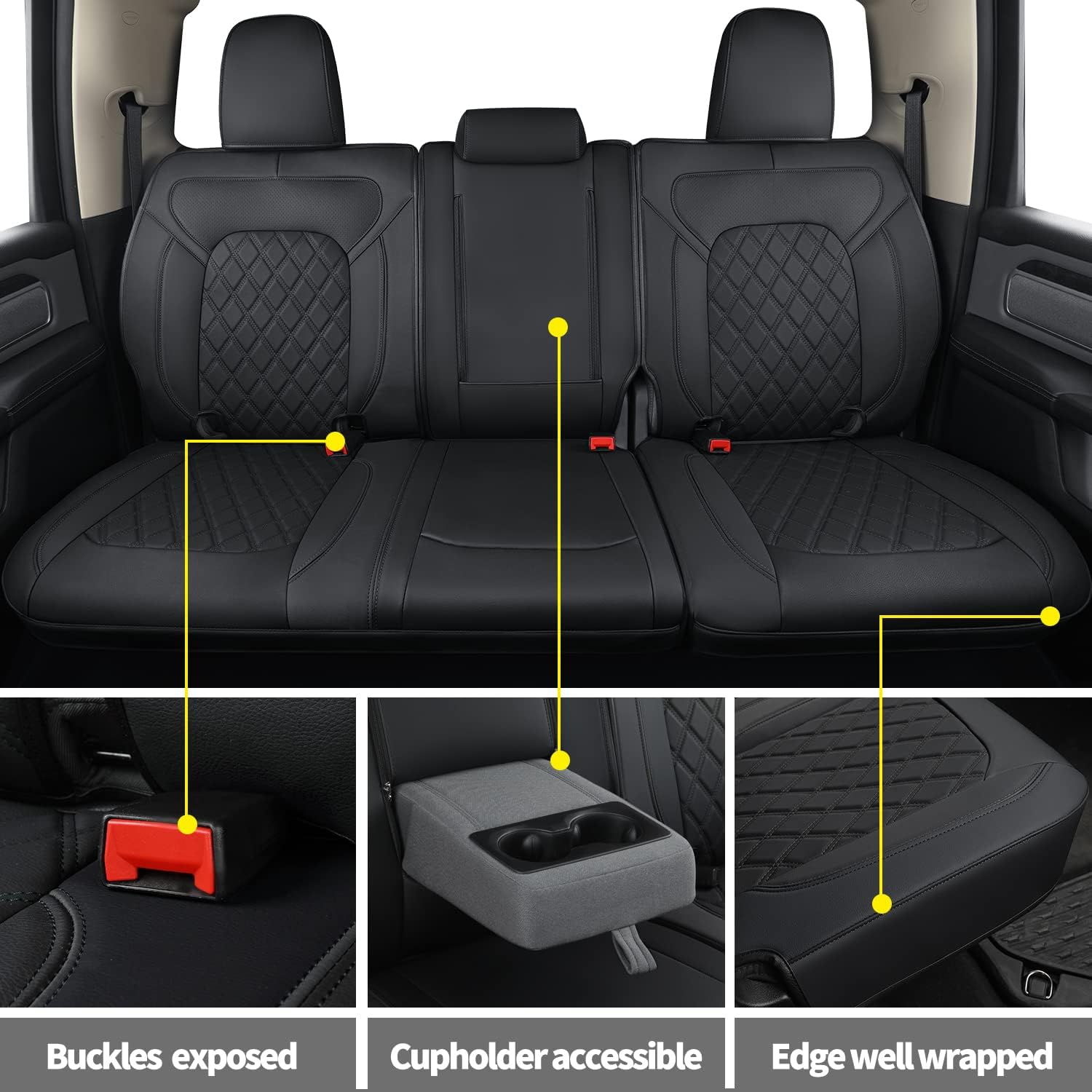 LUCKYMANCLUB Ram 1500Seat Covers,2011-2025,1500/2500/3500Crew Cab Waterproof Seat Covers FullSet, Custom Fit Ram Bighorn Laramie Limited Rebel Longhorn Pickup with 4/6 Split Rear Seat