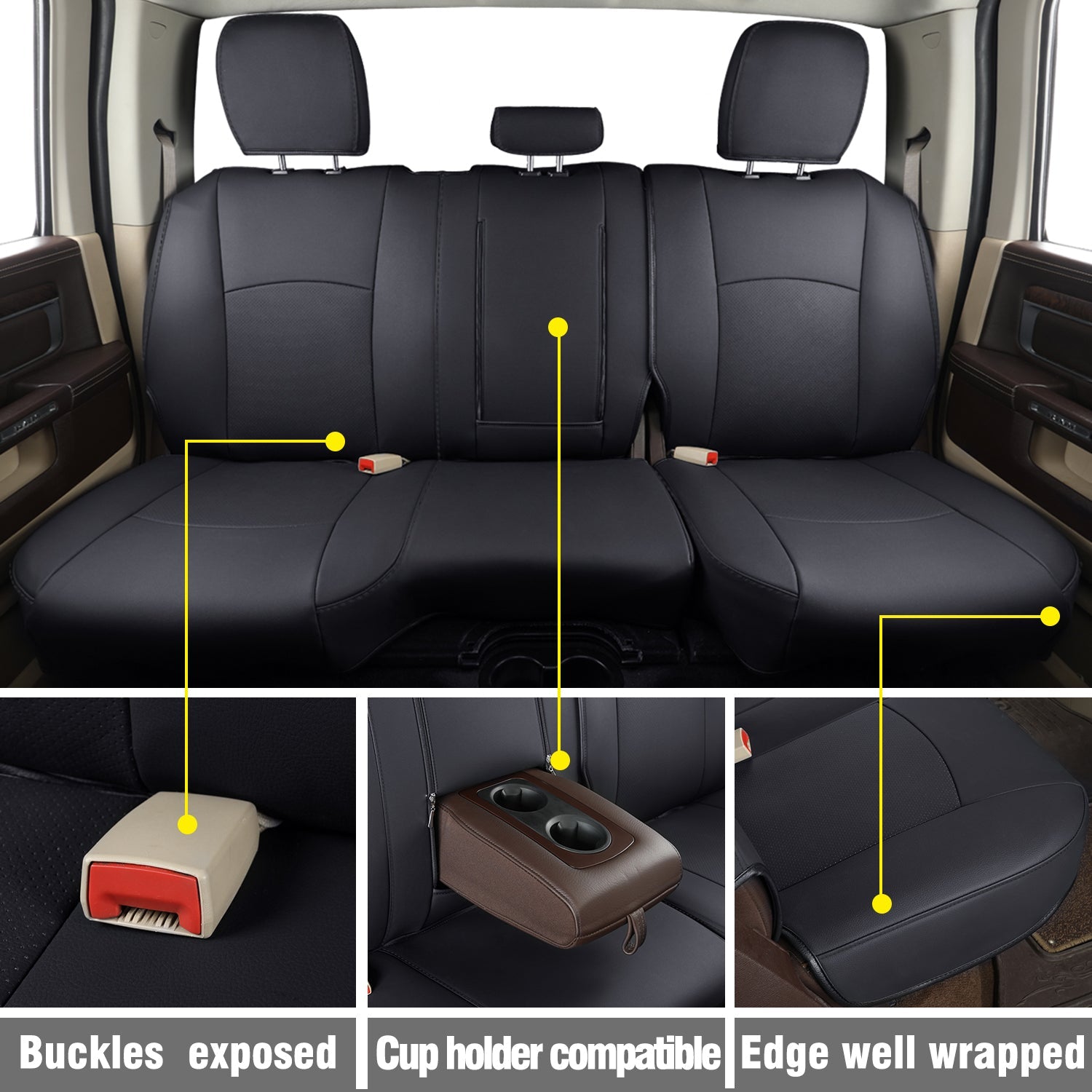 LUCKYMAN CLUB Ram 1500 2011-2025 Crew Cab Waterproof Seat Covers FullSet, Custom Fit Ram Bighorn Laramie Limited Rebel Longhorn Pickup with 4/6 Split Rear Seat