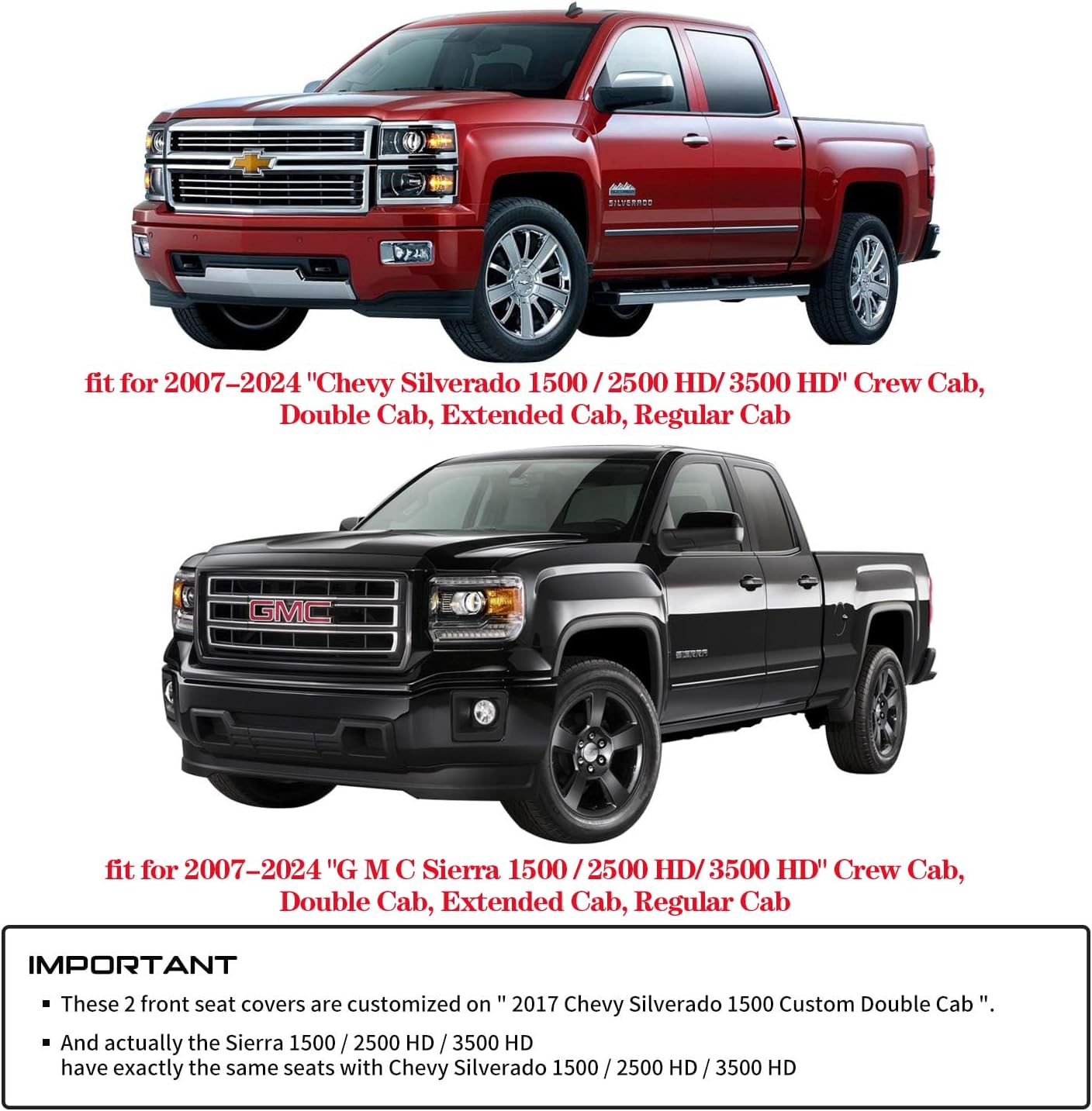 LUCKYMAN CLUB Chevrolet Chevy Silverado GMC Sierra Car Seat Covers Full Set with Waterproof Leather, Fit for 2007-2025 1500/2500 HD / 3500 HD Crew,Double,Extended Cab or Pickup Truck