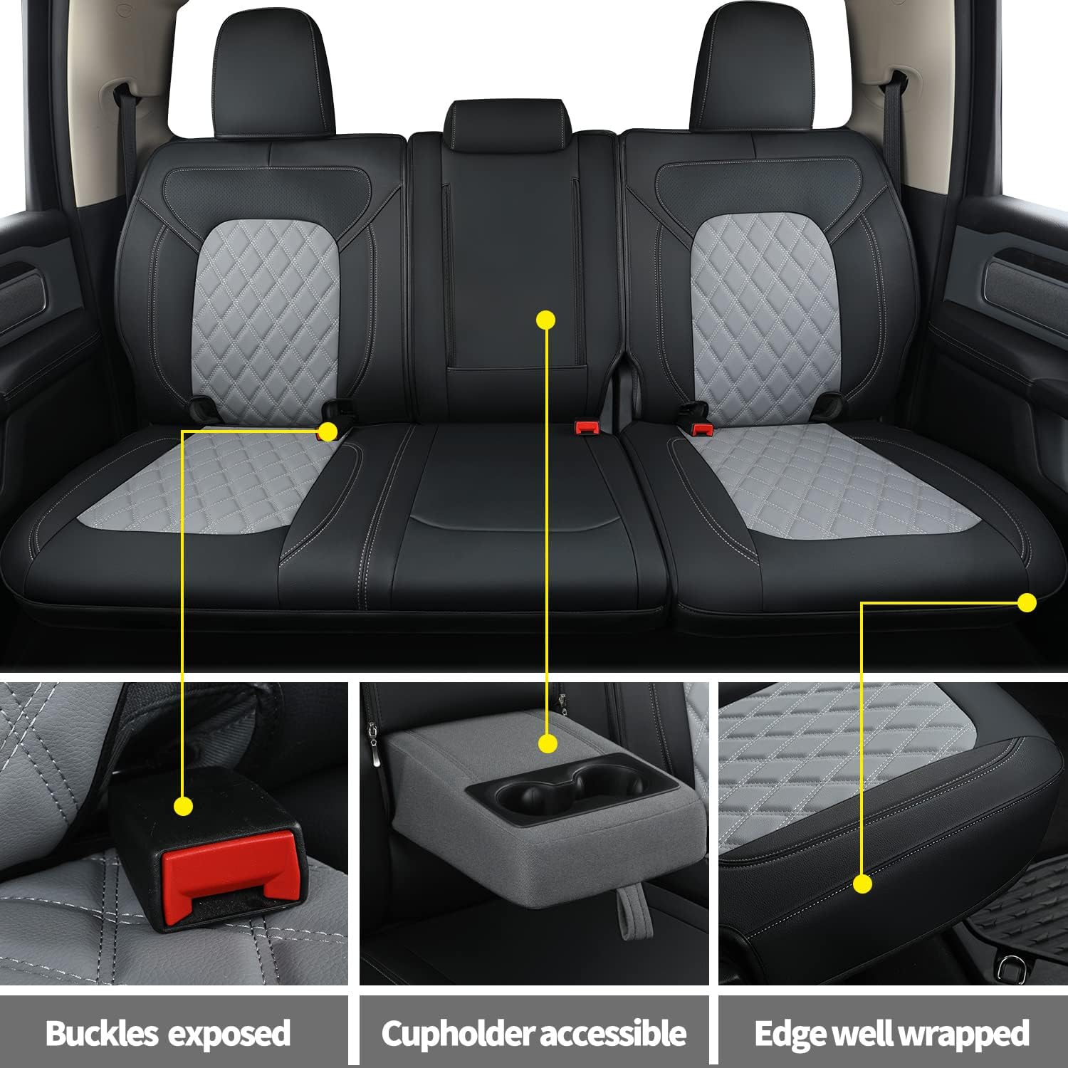 LUCKYMANCLUB Ram 1500Seat Covers,2011-2025,1500/2500/3500Crew Cab Waterproof Seat Covers FullSet, Custom Fit Ram Bighorn Laramie Limited Rebel Longhorn Pickup with 4/6 Split Rear Seat