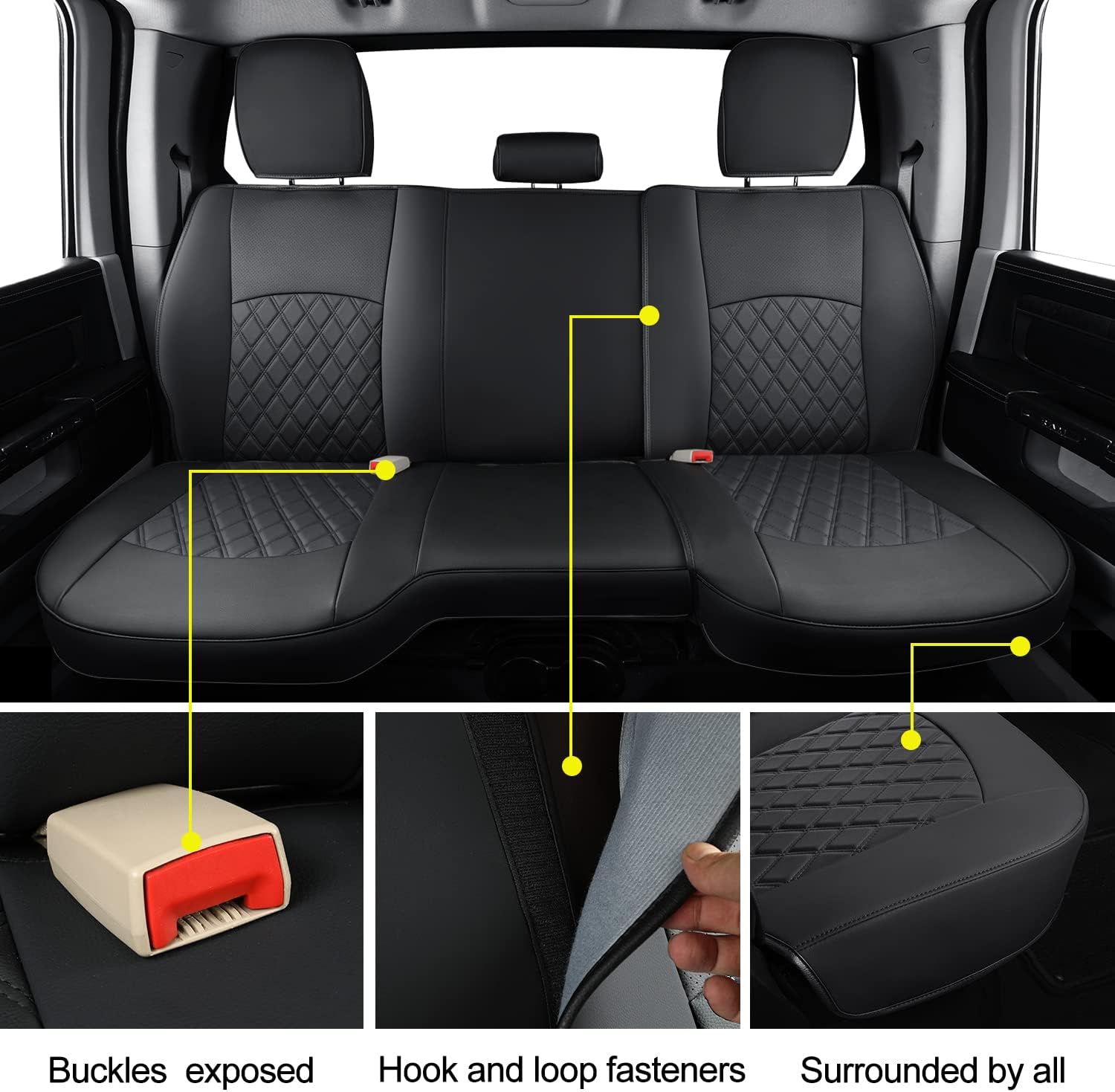 LUCKYMANCLUB Ram 1500Seat Covers,2011-2025,1500/2500/3500Crew Cab Waterproof Seat Covers FullSet, Custom Fit Ram Bighorn Laramie Limited Rebel Longhorn Pickup with 4/6 Split Rear Seat